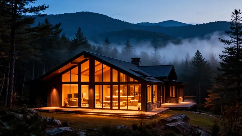 Glowing timber cabin in the mountain fog