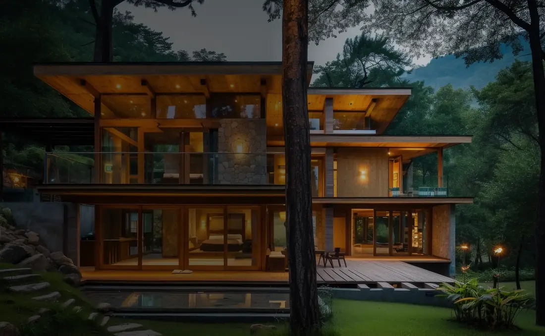 Timber-frame cabin in the Smoky Mountains at dusk